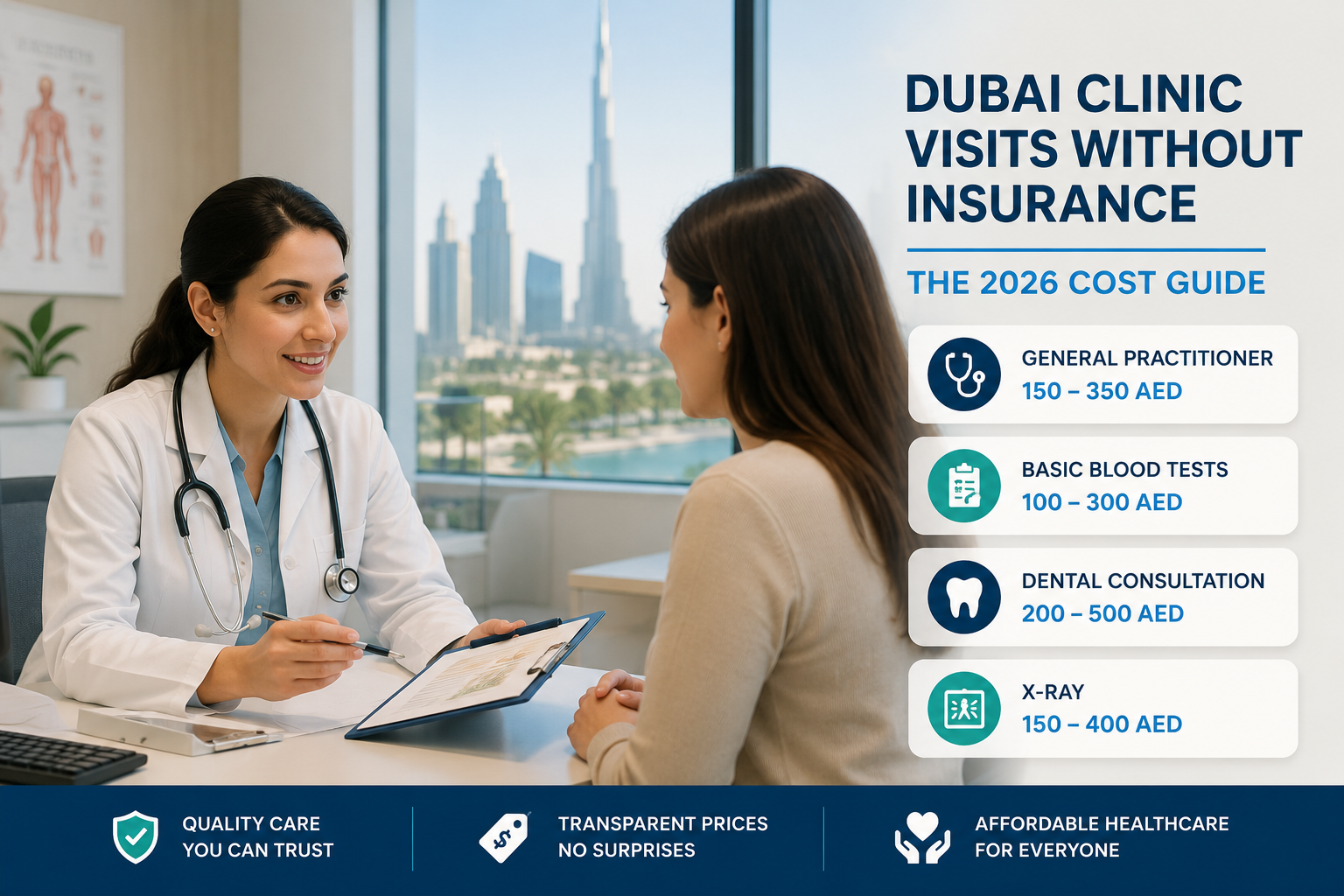Doctor consulting a patient in a Dubai clinic with skyline view and a cost guide showing prices for clinic visits without insurance in 2026.